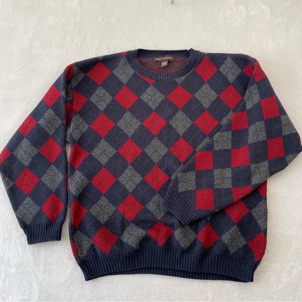 VTG Liberty Sweaters Pullover Sweater Men’s Sz L Red Blue Argyle Preppy USA